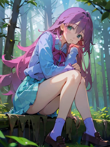 Young girl with long hair, Sky Blue, green eyes, blue blouse with pink and purple sleeves with a denim skirt, with pink and purple socks, In the woods, sitting with sad look