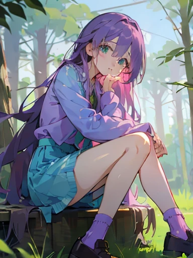Young girl with long hair, Sky Blue, green eyes, blue blouse with pink and purple sleeves with a denim skirt, with pink and purple socks, In the woods, sitting with sad look