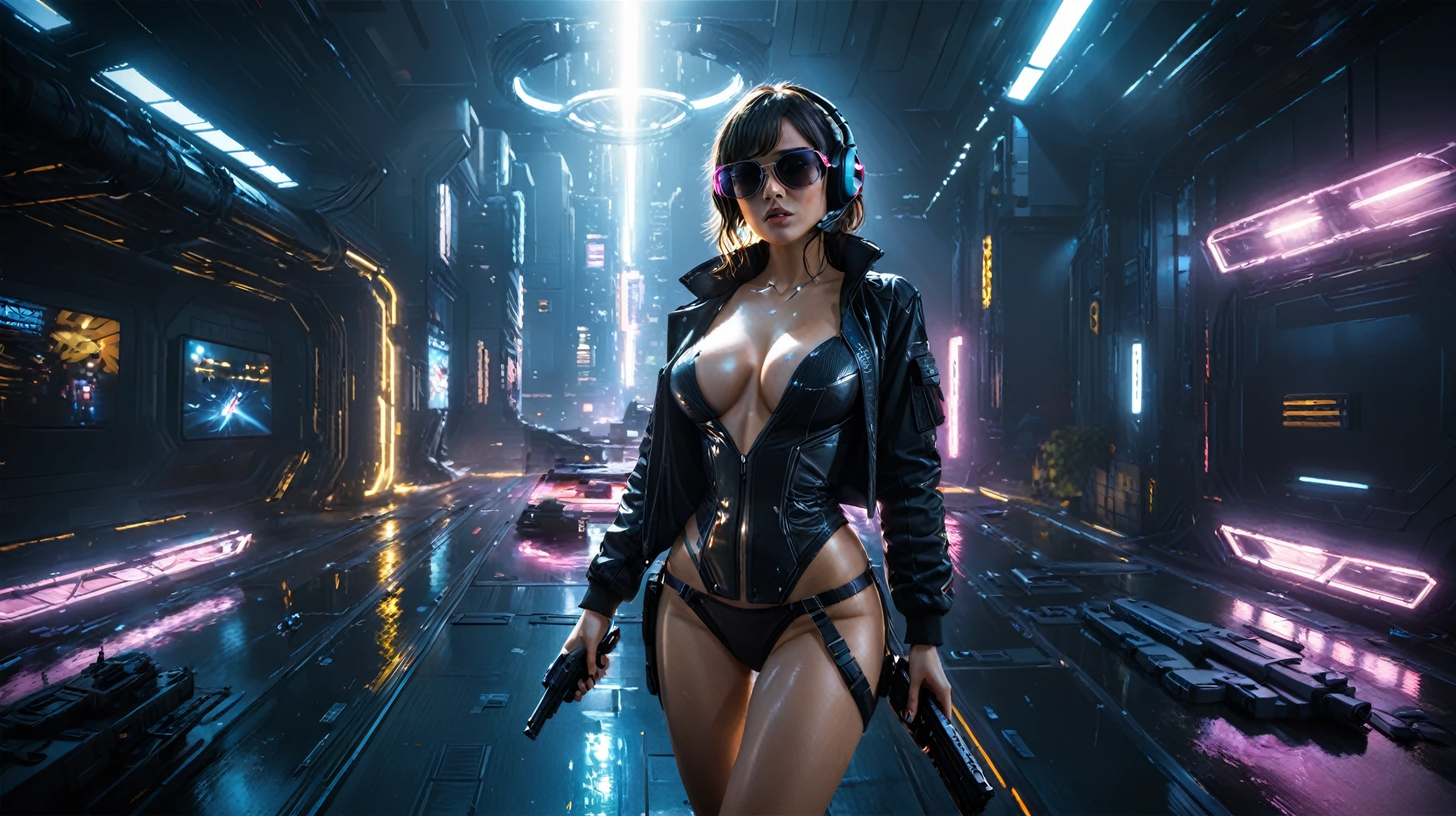 (((aerial view))), Blade Runner style futuristic cyberpunk 2077 flying vehicle docking platform, neon lights, at night. ((1girl, solo, alone)), large-breast:1.2 slim body, cleavage:1.1, sexy lingerie with wet jacket, headphone, (black sunglasses), (((she raised a pistol:1.8 and shot:1.8 the viewer))), dynamic pose, (((half-body thigh level medium shot))), cinematic lighting, lens flare, ray tracing, fisheye lens.