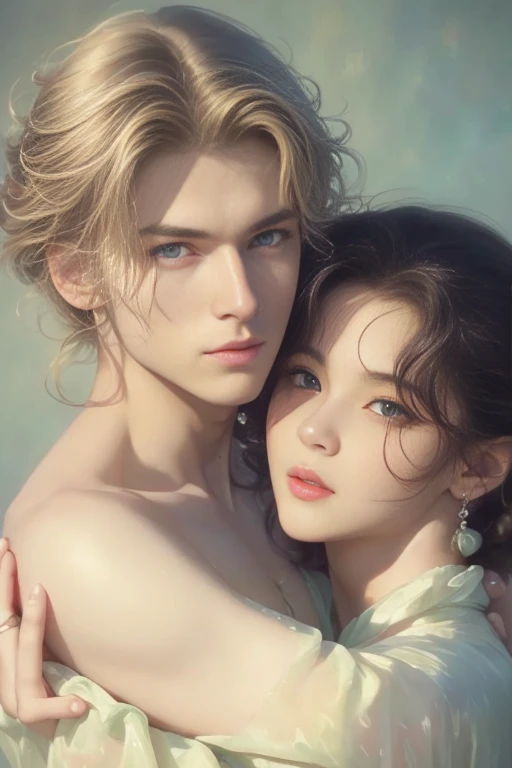 High-quality images of couples: blond man (Tall、Statue-like、Handsome and、Brave young man、Blue eyes、Curly golden hair、Wearing a grey antique military uniform) A woman with black hair (long straight black hair、Long Bangs、Blackberry eyes、A beautiful young femme fatale、naked、PRİNCESS、Hugging。They are in love with each other。Created by Boris Vallejo「Ideal Anatomy」The sketch of、It is characterized by being very detailed.。masterpiece、Detailed study of the face、Beautiful Face、Features of Beautiful Face、Perfect Image、Realistic shots、Detailed study of the face、Full body image、8k、Detailed Images、Highly detailed illustration、A true masterpiece of the highest quality、Careful drawing。Bare Skin、Gown and naked watercolor、

黒のパンティ、