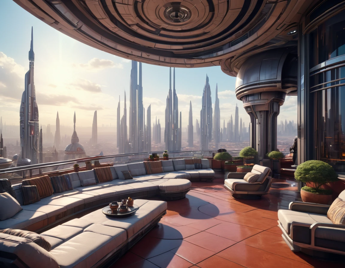 View from a terrace on Coruscant city in Star Wars, Huge futuristic building, (design:doug chiang), Top quality machine with intricate details, Cinematic Style, Absolute sharpness, 8k images.(masterpiece).