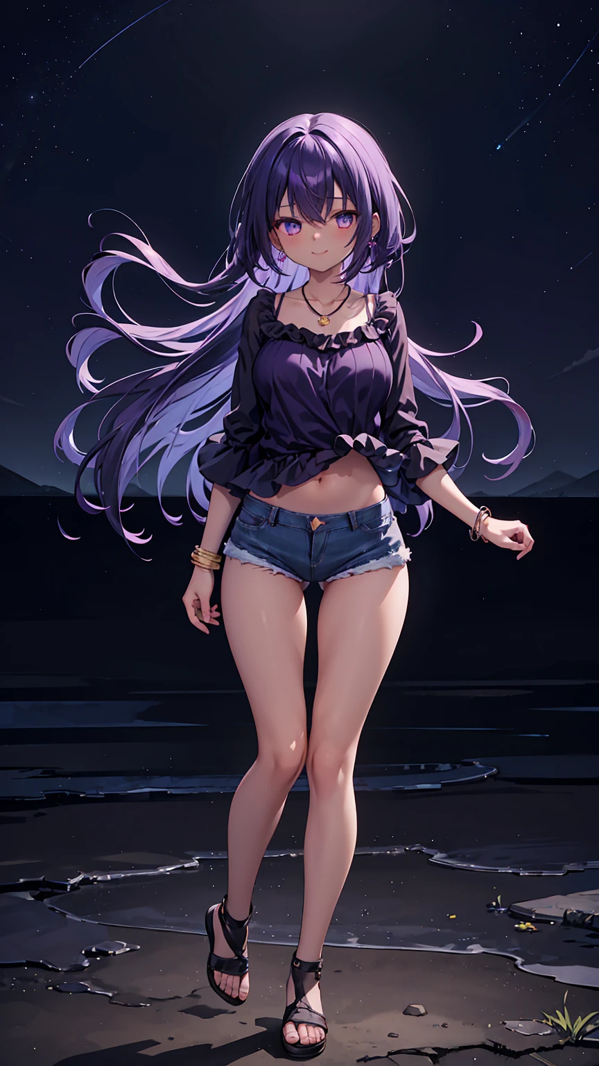 1girl, anime girl, anime, (dark skin), stylish girl, bracelet, necklace, earrings, 2d girl, 18y, (fullbody), standing, anime girl, seductive smile, (purple hair), flowing hair, hair flowing in the wind, ((darkblue blouse)), Solo, Slim, Big Breasts, Tight Shorts, low waist shorts, upshorts, outdoors, night background, flowers, looking at viewer, darker shadows, (((Wedgie))), (((explicit))), (((denim shorts))), (((absurdres))), (((thigh gap))), (((cameltoe))), (((cleft of venus))), (((lowleg shorts))),