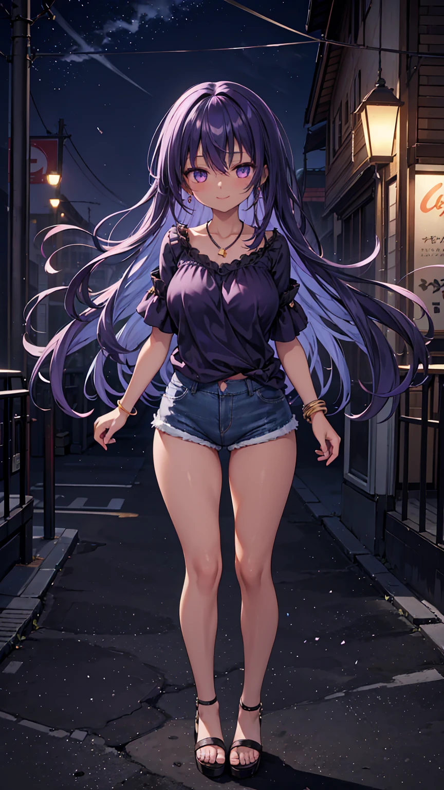 1girl, anime girl, anime, (dark skin), stylish girl, bracelet, necklace, earrings, 2d girl, 18y, (fullbody), standing, anime girl, seductive smile, (purple hair), flowing hair, hair flowing in the wind, ((darkblue blouse)), Solo, Slim, Big Breasts, Tight Shorts, low waist shorts, upshorts, outdoors, night background, flowers, looking at viewer, darker shadows, (((Wedgie))), (((explicit))), (((denim shorts))), (((absurdres))), (((thigh gap))), (((cameltoe))), (((cleft of venus))), (((lowleg shorts))),