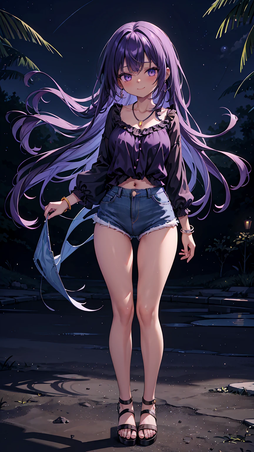 1girl, anime girl, anime, (dark skin), stylish girl, bracelet, necklace, earrings, 2d girl, 18y, (fullbody), standing, anime girl, seductive smile, (purple hair), flowing hair, hair flowing in the wind, ((darkblue blouse)), Solo, Slim, Big Breasts, Tight Shorts, low waist shorts, upshorts, outdoors, night background, flowers, looking at viewer, darker shadows, (((Wedgie))), (((explicit))), (((denim shorts))), (((absurdres))), (((thigh gap))), (((cameltoe))), (((cleft of venus))), (((lowleg shorts))),
