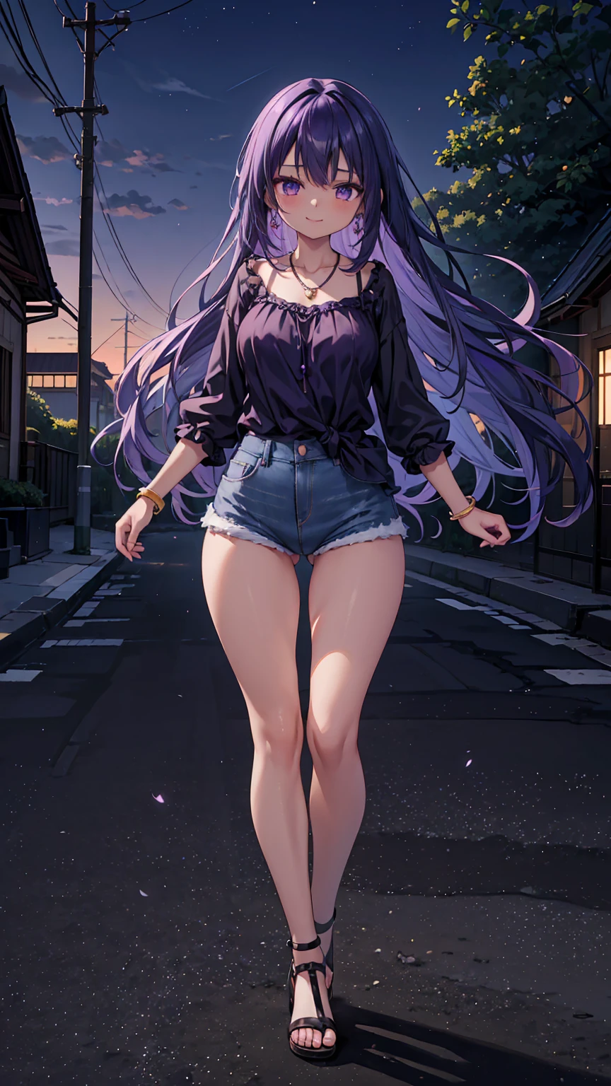 1girl, anime girl, anime, (dark skin), stylish girl, bracelet, necklace, earrings, 2d girl, 18y, (fullbody), standing, anime girl, seductive smile, (purple hair), flowing hair, hair flowing in the wind, ((darkblue blouse)), Solo, Slim, Big Breasts, Tight Shorts, low waist shorts, upshorts, outdoors, night background, flowers, looking at viewer, darker shadows, (((Wedgie))), (((explicit))), (((denim shorts))), (((absurdres))), (((thigh gap))), (((cameltoe))), (((cleft of venus))), (((lowleg shorts))),