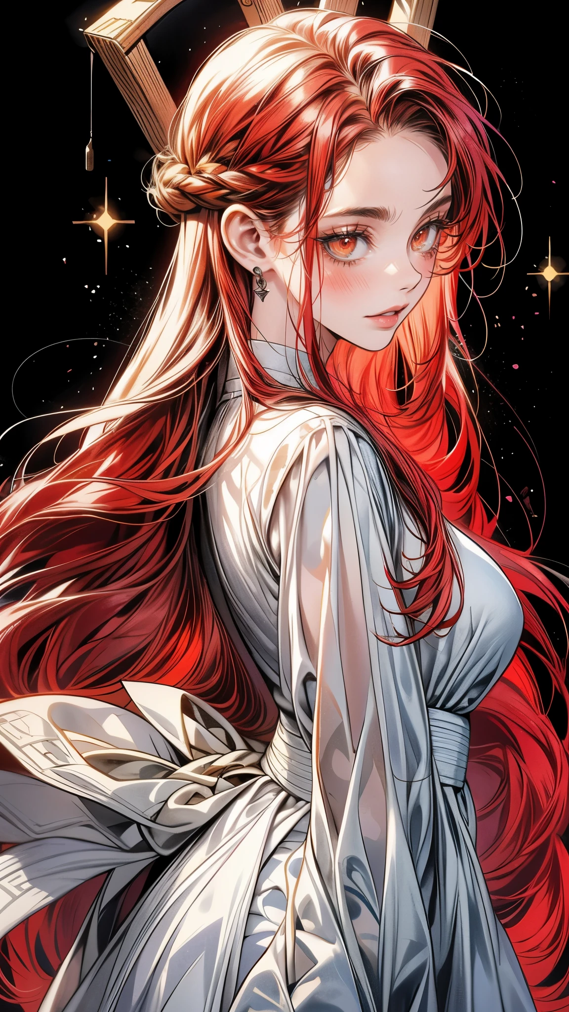 One Beautiful girl、unique long hairstyle 、 red hair color , amber eyes、small face、anime makeup、"A girl with a cute and androgynous face"、white skin、cute eyes、Very thin eyebrows、plump body, mature woman, big breasts, sexy, tall, knights outfit , outfits 、、19 years old、British girl、Has a languid look、anger、Lower the corners of your mouth with no expression on your face、Photographed from the side diagonally、model photoshoot、masterpiece、highest quality、high resolution、luxurious 、glaring expression、korean makeup 、Cool photos、blurred black filter, arms tattoos、Various poses、rich , handsome girl, lifeless eyes , cruch