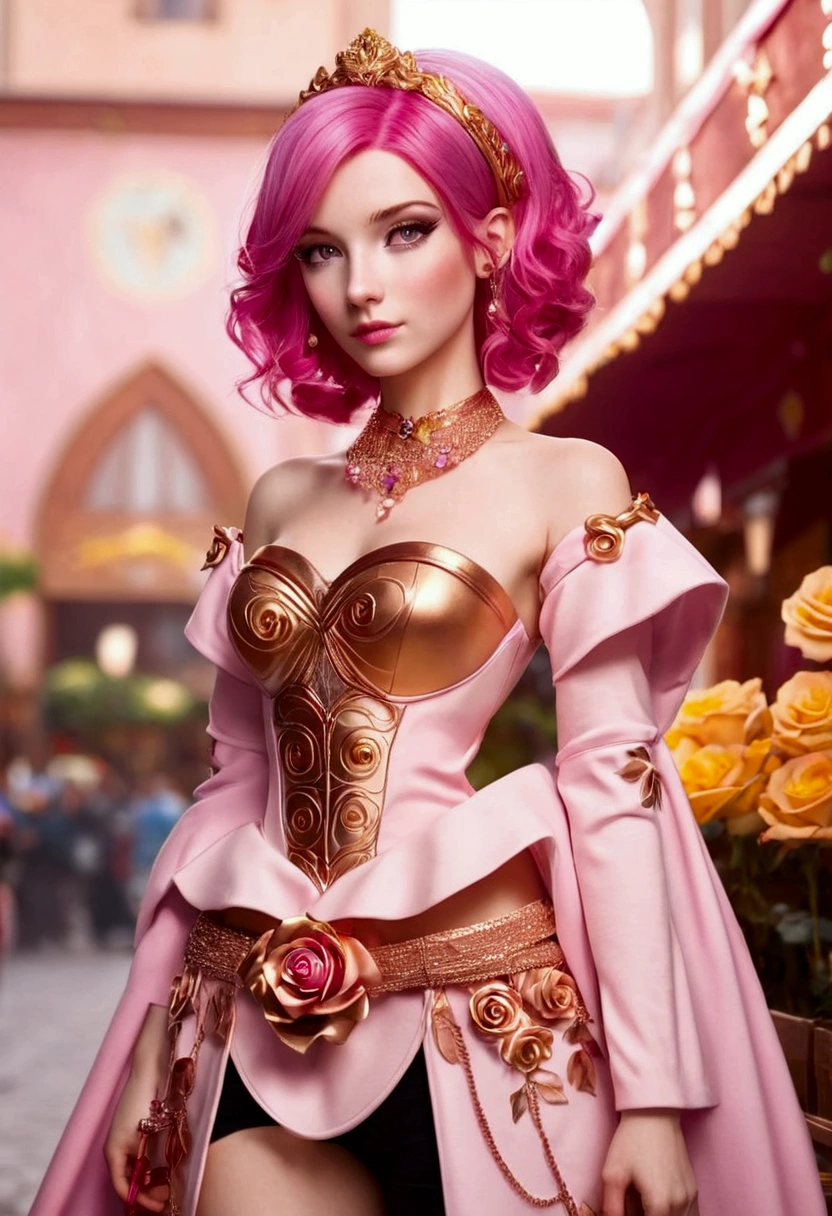 Adorable fair skinned pink haired magenta eyed European and slender young Aeon woman pink gold rose gold color themed outfit