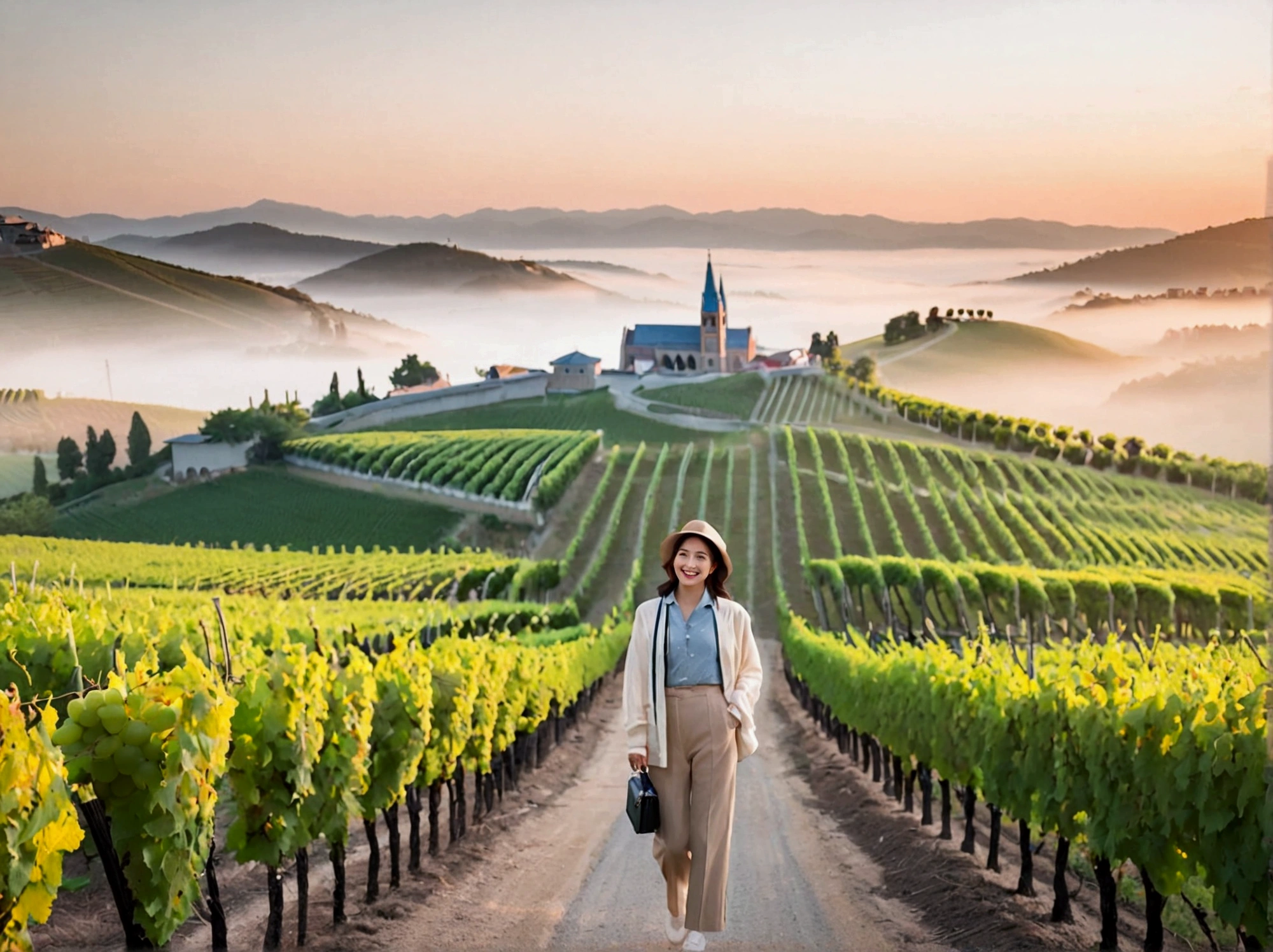 Intentional quality, In 8K, 32K, Photo of a beautiful 36-year-old Korean woman, short medium hair, Inspired by Son Ye-jin, whole body, face focus, Shirt that goes up to the neck and a short cardigan from a luxury brand, beige casual pants, Italian countryside vineyard background, Ranged、make a happy face, 새벽 진한 한개속 The cathedral is visible in the distance, There is thick fog, path, looking up the side, Wear a shirt that covers your chest, The cathedral is visible in the distance, Photo of endless vineyard scenery, look up the side. thick dawn fog, Well-groomed hair, Photo of an elegant and modest woman, Endless vineyards, Vivid picture quality, Clear picture quality, 언덕 위 path, 1 woman, colonnade가 있는 휘어진 path 언덕에서 바라본다. colonnade, The waist area is visible. 휘어진 path에 서있다, colonnade가 있는 어덕길에 서있다. Luxury brand large horn rimmed sunglasses, Sunglasses details, Sunglasses are the same size on both sides, Looking down on the vineyard from the hill, The cathedral is visible in the distance, 캐논 16-35 광각렌즈로 whole body샷, 휘어진 path