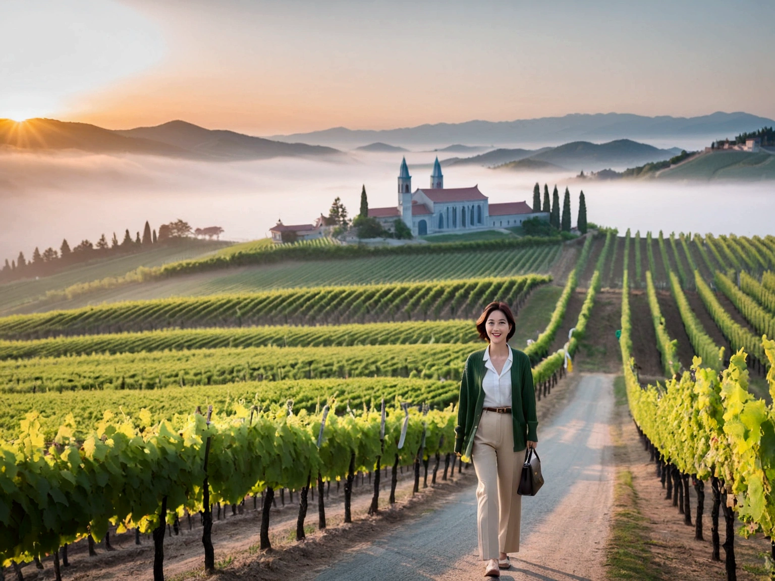 Intentional quality, In 8K, 32K, Photo of a beautiful 36-year-old Korean woman, short medium hair, Inspired by Son Ye-jin, whole body, face focus, Shirt that goes up to the neck and a short cardigan from a luxury brand, beige casual pants, Italian countryside vineyard background, Ranged、make a happy face, 새벽 진한 한개속 The cathedral is visible in the distance, There is thick fog, path, looking up the side, Wear a shirt that covers your chest, The cathedral is visible in the distance, Photo of endless vineyard scenery, look up the side. thick dawn fog, Well-groomed hair, Photo of an elegant and modest woman, Endless vineyards, Vivid picture quality, Clear picture quality, 언덕 위 path, 1 woman, colonnade가 있는 휘어진 path 언덕에서 바라본다. colonnade, The waist area is visible. 휘어진 path에 서있다, colonnade가 있는 어덕길에 서있다. Luxury brand large horn rimmed sunglasses, Sunglasses details, Sunglasses are the same size on both sides, Looking down on the vineyard from the hill, The cathedral is visible in the distance, 캐논 16-35 광각렌즈로 whole body샷, 휘어진 path
