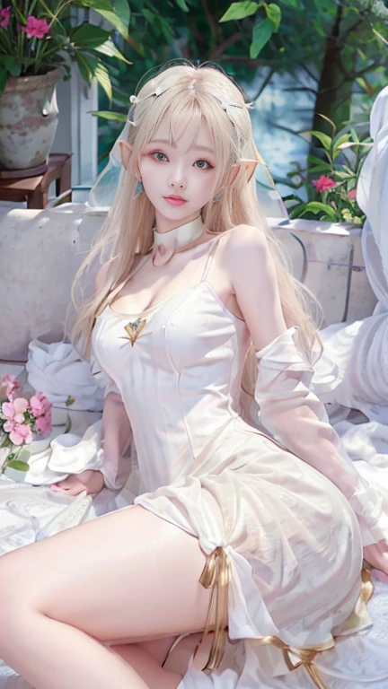Close-up of face, Face Shooting, (White Dress :1.7), Short witch skirt, Long streamers, blond, blond hair, (Pointed ears: 1.5), (Gold pattern quality:1.3), woman, Has long blonde hair, Off-shoulder, Top-level detailed CG quality 4K wallpaper, master, A masterpiece, portrait, middle, Watch the video, Beautiful Chinese-Korean mixed-race idol, ((Very delicate face, Detailed description of facial features)), Bitten lip makeup, sweet smile, Perfect facial features, Model Diagram, Good skin tone, Tree, Branches, Golden meadow, stream, Gold Leaf, night, twilight, Sunset, twilight, autumn, Double braid, Hair, side fringe, Headband, Hair accessories, Forehead Gem, Porphyra, crescent Hair accessories, fish Hair accessories, Ji Qie, Low Ponytail, realism, Divine Light, spark, light, lens flare, Ultra HD, High Detail, high quality, high resolution, best quality, 8K, 16K, High Detail, high quality, Super Detail, Anatomically correct, masterpiece, Accurate and slender sexy legs, Put your hands behind your head((Clear nipples))、Rocket , (Large Breasts),(because I'Thin) , short and small . Smooth skin . Plain white T-shirt . shorts . Dynamic poses . Dynamic Angle . No background , White background , Looking at the audience
