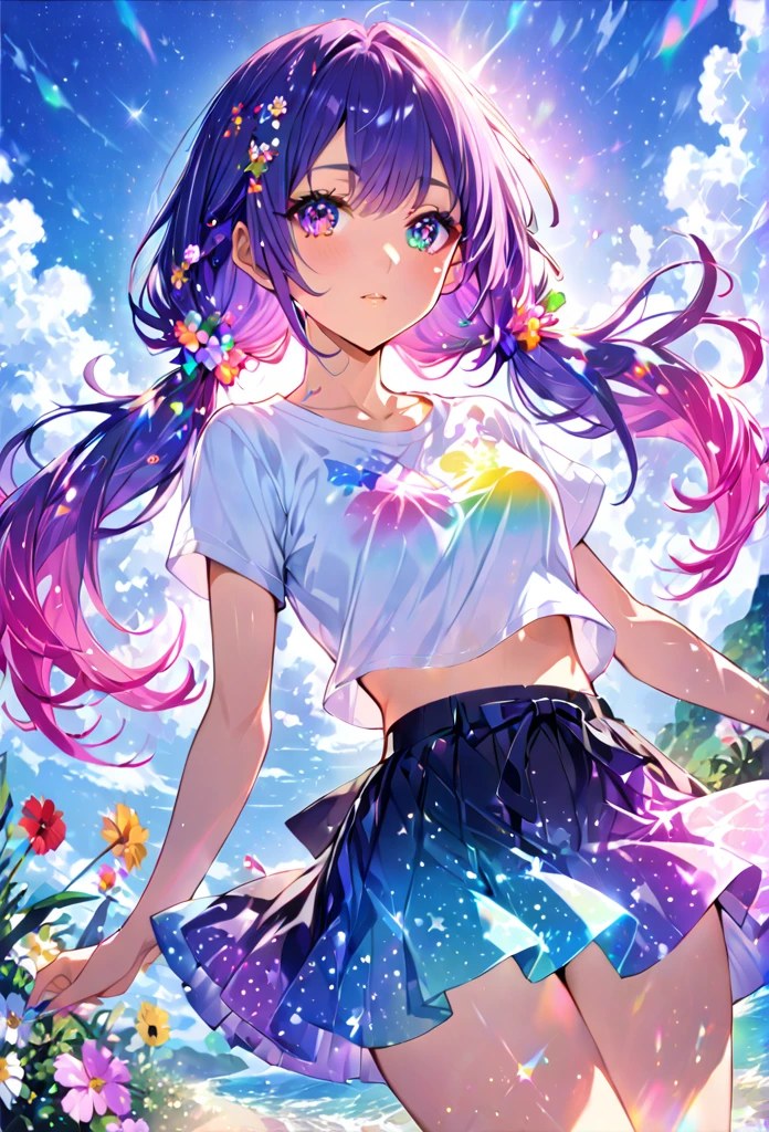 Highest quality　masterpiece　High resolution　masterpiece　Colorful Hair　Colorful eyes　Low twin tails、Colorful casual summer outfitini skirt、flowerpunk、Sparkling light particles、Vivid gradient effect one girl, 