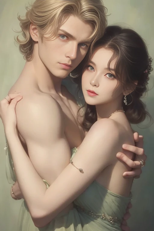 High-quality images of couples: blond man (Tall、Statue-like、Handsome and、Brave young man、Blue eyes、Curly golden hair、Wearing a grey antique military uniform) A woman with black hair (long straight black hair、Long Bangs、Blackberry eyes、A beautiful young femme fatale、naked、PRİNCESS、Hugging。They are in love with each other。Created by Boris Vallejo「Ideal Anatomy」The sketch of、It is characterized by being very detailed.。masterpiece、Detailed study of the face、Beautiful Face、Features of Beautiful Face、Perfect Image、Realistic shots、Detailed study of the face、Full body image、8k、Detailed Images、Highly detailed illustration、A true masterpiece of the highest quality、Careful drawing。Bare Skin、Gown and naked watercolor、

黒のパンティ、