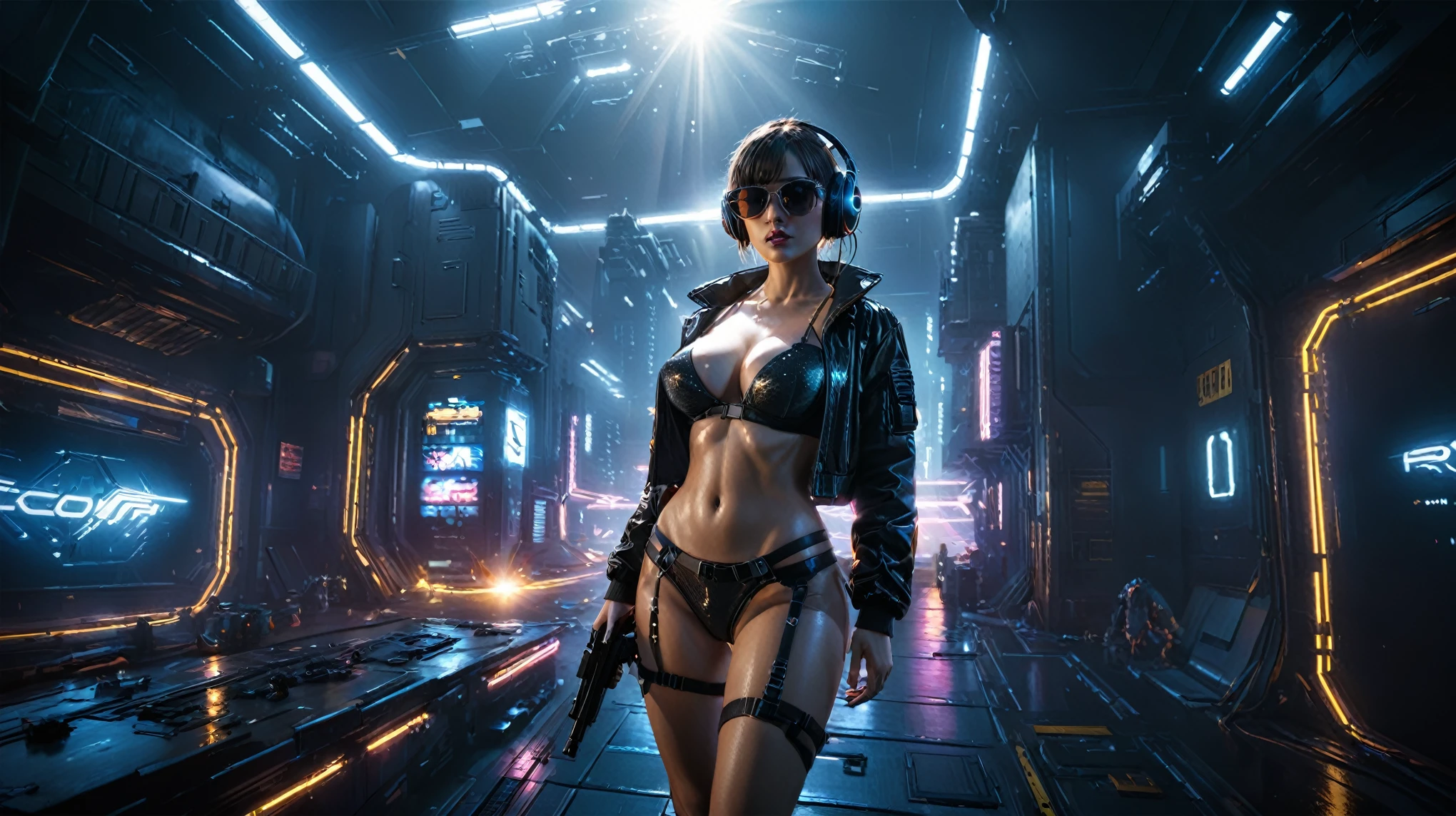 (((aerial view))), Blade Runner style futuristic cyberpunk 2077 flying vehicle docking platform, neon lights, at night. ((1girl, solo, alone)), large-breast:1.2 slim body, cleavage:1.1, sexy lingerie with wet jacket, headphone, (black sunglasses), (((she raised a pistol:1.8 and shot:1.8 the viewer))), dynamic pose, (((half-body thigh level medium shot))), cinematic lighting, lens flare, ray tracing, fisheye lens.