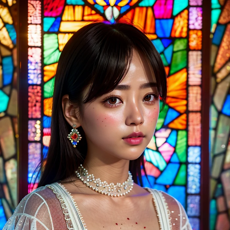 SFW, concept art, Tiny junior idol, (Detailed Delicate lace knitted white clothes), (nipple:-0.9), face closeup, (Elaborate stained glass Background:1.37), (((Renbutsu Misako), colorful Light shines through delicate stained glass:1.2, vivid red colors, Luminous Particles, light Particles))(Acutance:0.8). (ProfessionalPhoto:1.2),(ultra-detailed:1.37), (Extremely detailed KAWAII face variations, innocent expression variations), rosy cheeks, intricate detailed eyes with sparkling highlights, long eyelashes with volume, subtle blush on the face. Mystic sight, haze, Impeccable Radiant PearlSkin with Transparency, captivating gaze, ((Dynamic-angle)), whole Body proportions and all limbs are anatomically accurate . (Exposed:0.64)