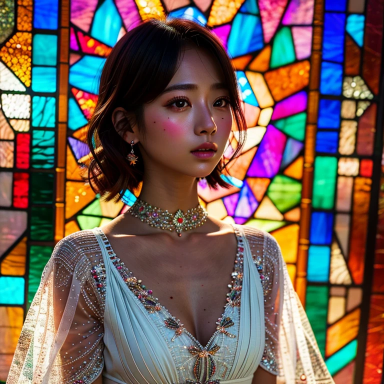 SFW, concept art, Tiny junior idol, (Detailed Delicate lace knitted white clothes), (nipple:-0.9), face closeup, (Elaborate stained glass Background:1.37), (((Renbutsu Misako), colorful Light shines through delicate stained glass:1.2, vivid red colors, Luminous Particles, light Particles))(Acutance:0.8). (ProfessionalPhoto:1.2),(ultra-detailed:1.37), (Extremely detailed KAWAII face variations, innocent expression variations), rosy cheeks, intricate detailed eyes with sparkling highlights, long eyelashes with volume, subtle blush on the face. Mystic sight, haze, Impeccable Radiant PearlSkin with Transparency, captivating gaze, ((Dynamic-angle)), whole Body proportions and all limbs are anatomically accurate . (Exposed:0.64)
