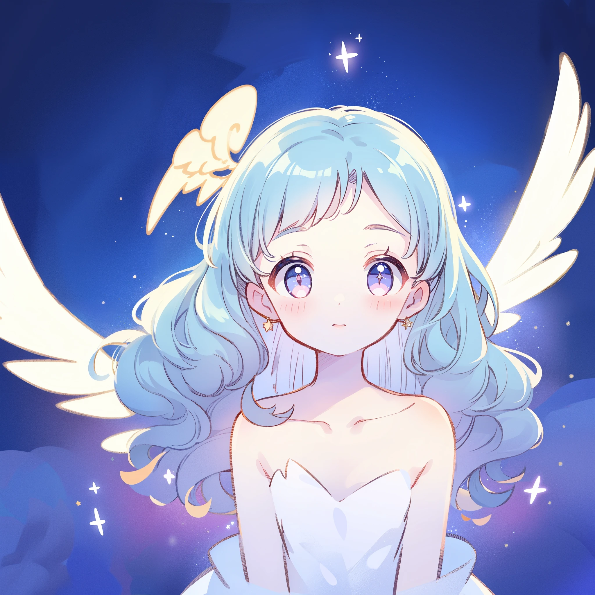 nude angel girl wearing an ethereal translucent dress, pale skin, ((wavy blue lilac hair)), white feathers, angel wings, sparkling detailed eyes, golden ratio face, perfect composition, highly detailed, ethereal, (starry night sky background), midjourney style