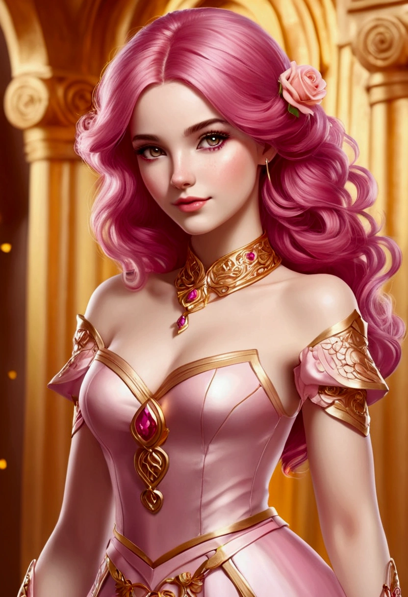 Adorable and innocent face, fair skin, (long and wavy rose gold hair), blue eyes, slender European young woman, pink gold rose gold color paladin themed outfit, anatomically correct, realistic proportions, Realistic Photo