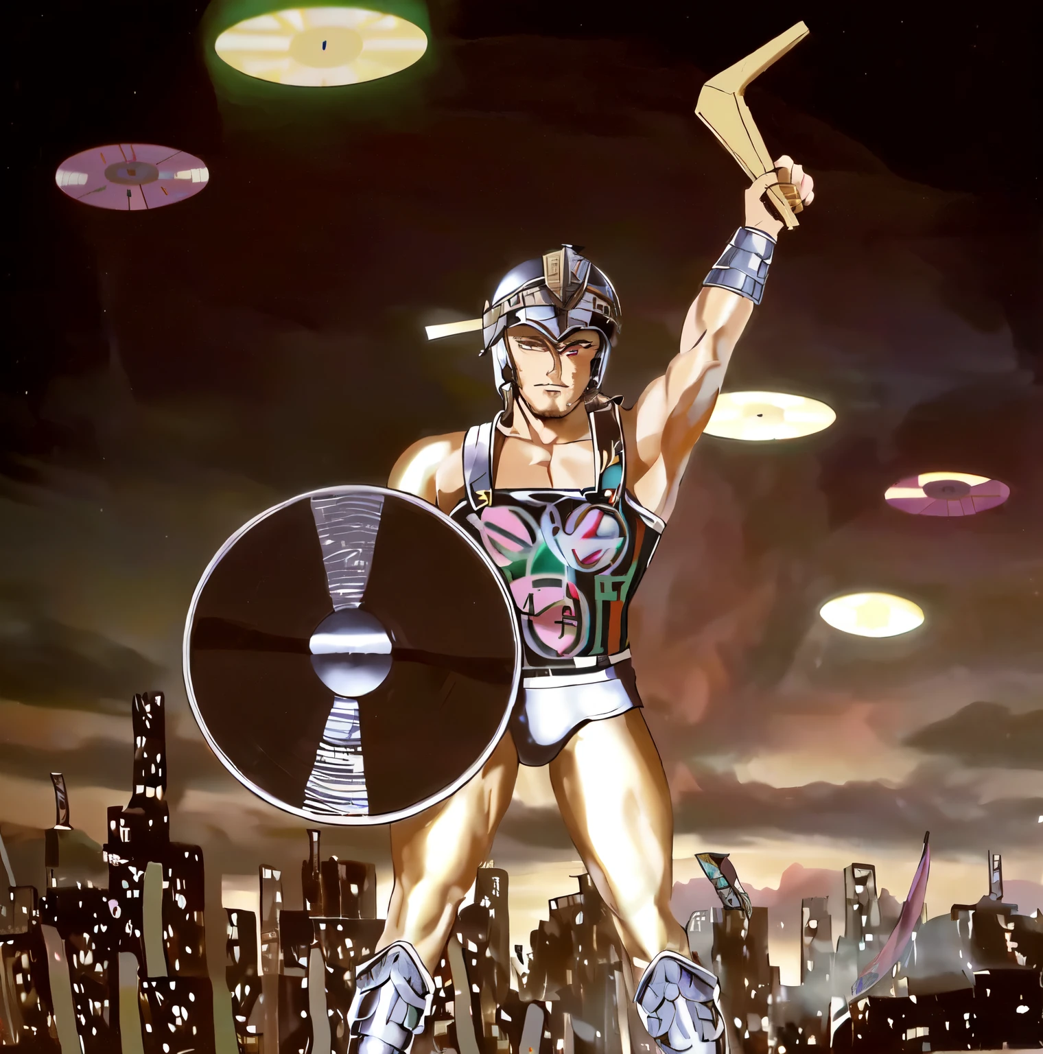 there is a man dressed as an ancient roman soldier, Roman helmet, roman armor, raising one arm and holding a boomerang, holding a shield shaped like a vinyl record. muscled body, proportionate body, perfect. retro drawing, 80s airbrush style, 80s poster. in the sky there are brightly colored vinyl records.
