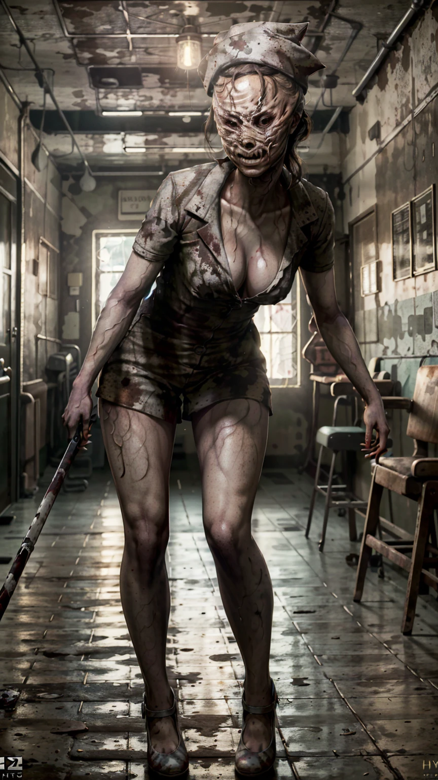 Dark (masterpiece, Best Quality) SilentHill SilentHillEnfermera, 1 girl, alone, looking at the viewer, has, tenure, neckline, standing, weapon, faceless female, tenure weapon, hallwayBlood, Leaning forward, in front of the viewer, 1otro, faceless, nurse hat, Stitches, No eyes, horror \(him\), (hospital hallway:1.3), (darkness:1.4), floor, walls, silent hill dark background, Dark damp hallways broken and moldy walls silent hill:1.2),(realist, Hyper realistic: 1.37), (8k, RAW Photos, Premium quality, masterpiece: 1.2), (cinematic lighting), dark 3d