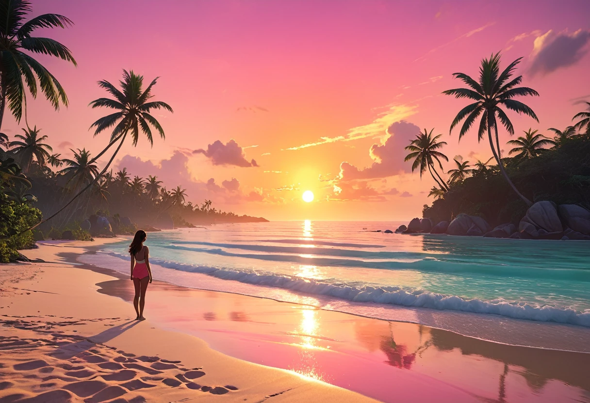 The image captures a serene beach scene at sunset and a cute beach girl standing 20 meters of the viewer, contemplating the scene.The sky is painted with hues of orange and pink, creating a warm and inviting atmosphere.The sun is partially visible on the horizon,casting a beautiful glow on the water.The beach is lined with palm trees, adding to the tropical ambiance.The sand appears to be wet, possibly from the receding tide, and the water reflects the vibrant colors of the sky.The overall scene is peaceful and picturesque, evoking a sense of tranquility, smooth lighting, hyperrealistic, Unreal Engine, Octane Render, HDR, 32k