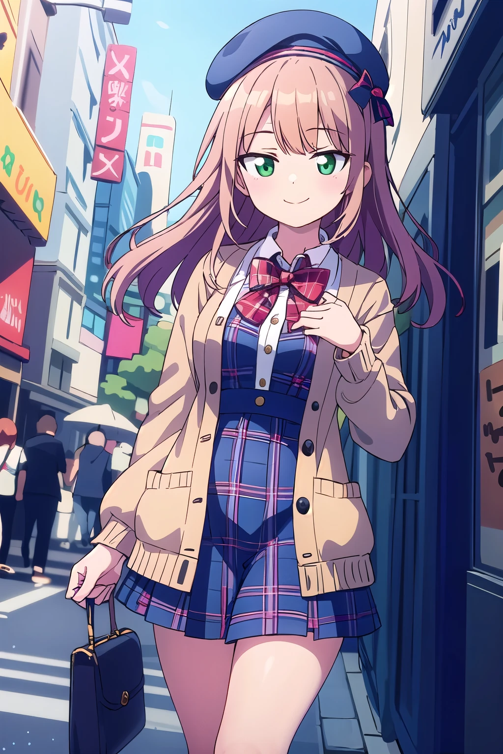 insanely detailed, absurdres, ultra-highres, ultra-detailed, best quality,
1girl, solo, nice hands, perfect hands,
BREAK
(vintage-inspired beret with flower pin:1.3), (navy and red plaid dress:1.5), (golden buttons down the front:1.2), (ivory blouse with ruffle detailing and red bow tie:1.4), (peach cardigan with cable knit pattern:1.3), (black tights:1.1), (red Mary Jane shoes:1.2)
BREAK
happy smile, laugh, closed mouth, standing,
45 angle,
cute pose, cowboy shot,
BREAK
slender, kawaii, perfect symmetrical face, ultra cute girl, ultra cute face, ultra detailed eyes, ultra detailed hair, ultra cute, ultra beautiful,
BREAK
in harajuku, shibuya, tokyo, street, crowd, cityscape,
BREAK
medium breasts,
(orange medium hair, green eyes), hime cut