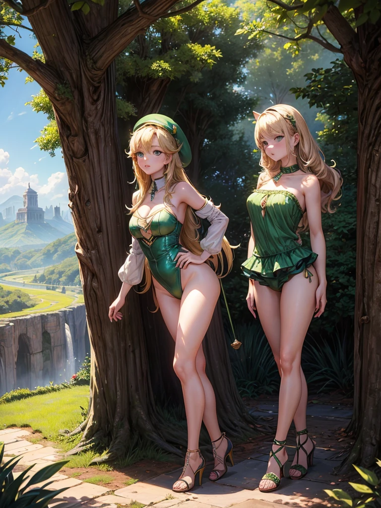 work of art, best qualityer, 1 girl, Leprechaun, greeneyes, blond, (standing:1.1), (forst:1.1), ass pov, perfects eyes, arms at side, Riu, portraite, whole body, ssmile, high heel sandals, beautiful landscape, Trees