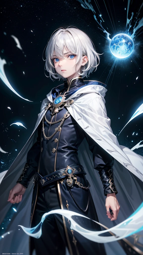 (Highest quality,Very detailed,High resolution:1.2),One adult male,Silver Hair,The most beautiful young man in human history,(1 photo from the front),Dark blue eyes (Dark blue eyes:1.1),さみし気なaura(aura:1.1),(mysterious,Ghostly:1.1) atmosphere,Looks like half a demon,(Demonic traits,Demonic traits),(Elaborate,wonderful) ,Strong Body、Shortcuts、Use magic、auraが漂う、Cape、Stocky physique、Confident expression、Very short hair、The bangs are swept to the side、Permed hair、Sharp eyes、Details、Angry expression、Has a glowing blue fireball、Emits a flash of light from the body、Are standing
