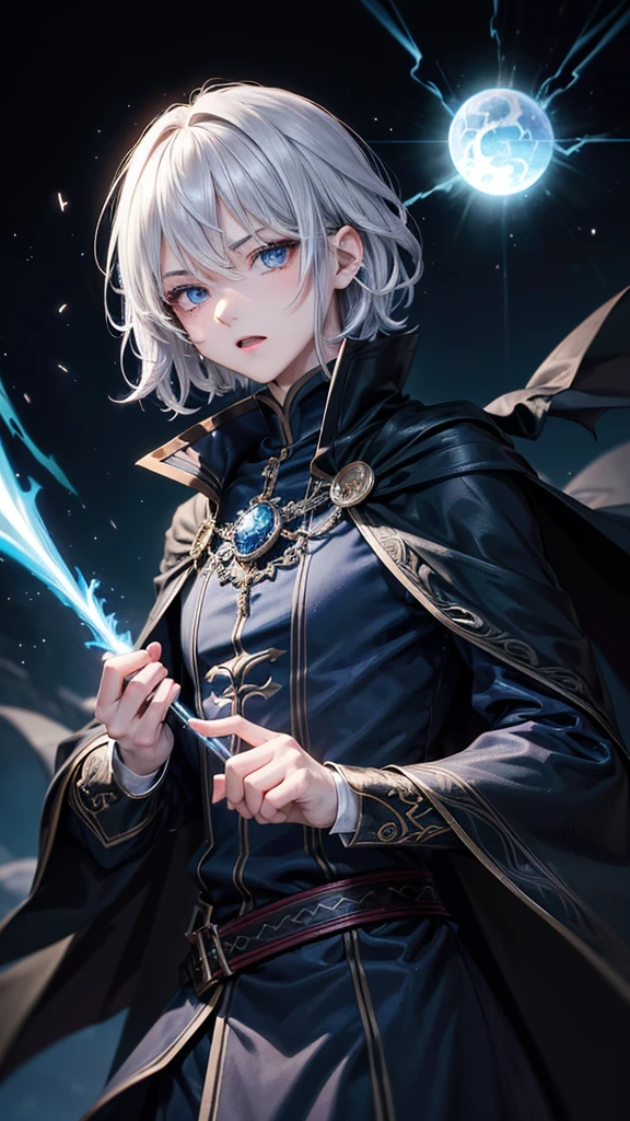 (Highest quality,Very detailed,High resolution:1.2),One adult male,Silver Hair,The most beautiful young man in human history,(1 photo from the front),Dark blue eyes (Dark blue eyes:1.1),さみし気なaura(aura:1.1),(mysterious,Ghostly:1.1) atmosphere,Looks like half a demon,(Demonic traits,Demonic traits),(Elaborate,wonderful) ,Strong Body、Shortcuts、Use magic、auraが漂う、Cape、Stocky physique、Confident expression、Very short hair、The bangs are swept to the side、Permed hair、Sharp eyes、Details、Angry expression、Has a glowing blue fireball、Emits a flash of light from the body、Are standing
