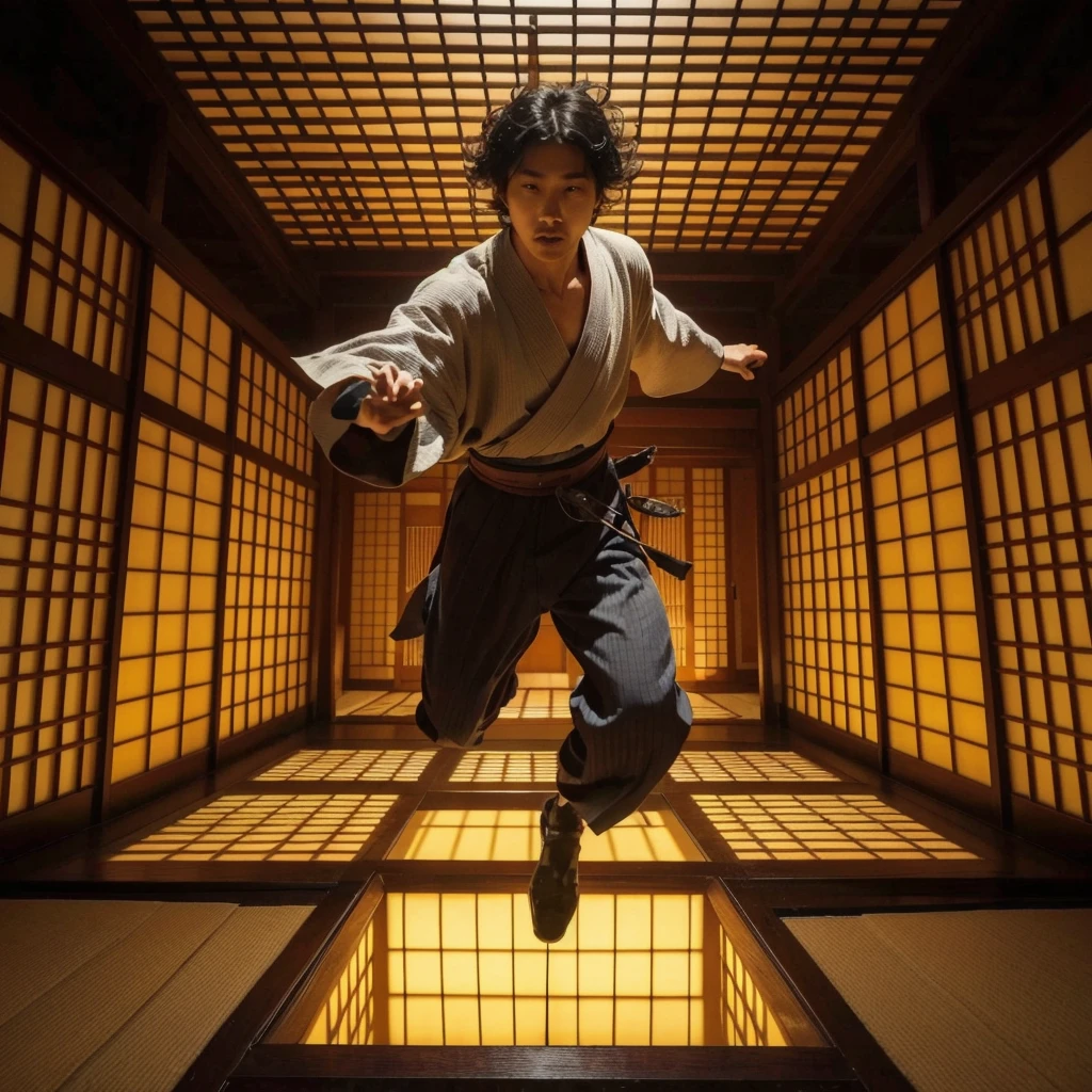 cinematography photo of a 35 yr old korean samurai man(short curly wavy hair) in an enclosed inside minka area.the floor is a ractangle like a trap, it similar like opened fusuma door emits a yellowish light and inside it another dimension tradisional Japanese night area beneath his foot.the man is jump and swirling his katana's sword around up so the wind flies in intricate patterns. highy realistic.he looking to camera