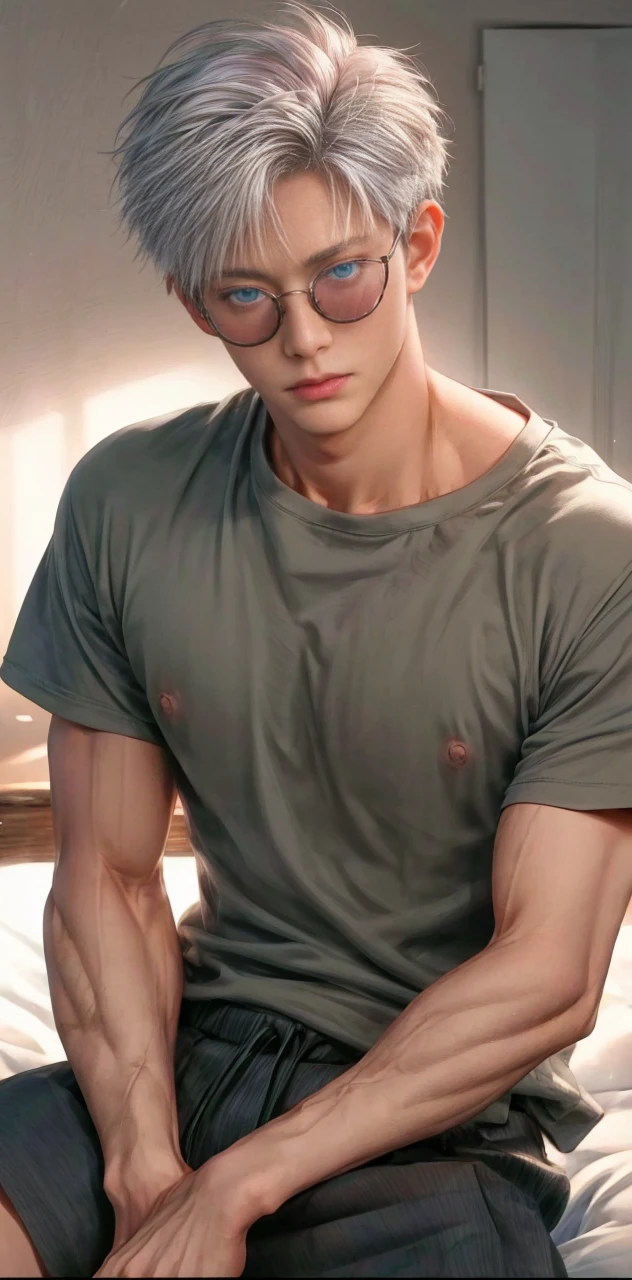 1boy, adult, handsome, perfect face, detailed eyes and face, clean shaved, muscular, capturing a rural atmosphere, dynamic lighting, unreal engine 5, hd picture, satoru gojo, white hair, short hair ,hair between eyes ,blue eyes, white skin, milk pink nipple details, wear sunglasses