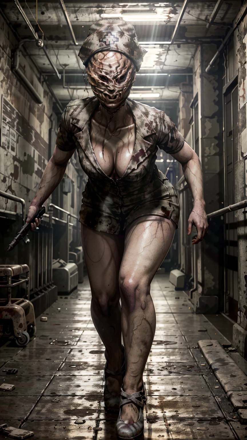 Dark (masterpiece, Best Quality) SilentHill SilentHillEnfermera, 1 girl, alone, looking at the viewer, has, tenure, neckline, standing, weapon, faceless female, tenure weapon, hallwayBlood, Leaning forward, in front of the viewer, 1otro, faceless, nurse hat, Stitches, No eyes, horror \(him\), (hospital hallway:1.3), (darkness:1.4), floor, walls, silent hill dark background, Dark damp hallways broken and moldy walls silent hill:1.2),(realist, Hyper realistic: 1.37), (8k, RAW Photos, Premium quality, masterpiece: 1.2), (cinematic lighting), dark 3d