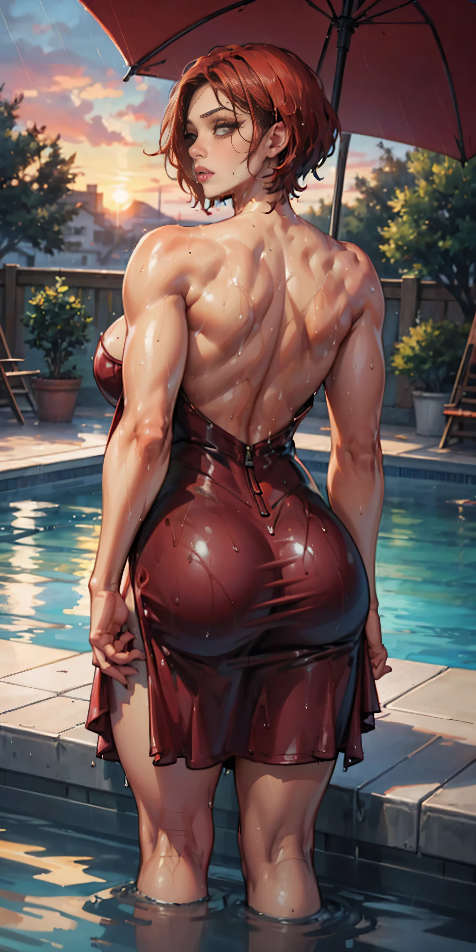 Ebony skin, (Best quality, 4k, Masterpiece :1.3), beautiful woman, hyper realistic, 1girl, ((turned back looking sunset)), (drooping , attractive body :1.2), sit-ups :1.1, short red hair: 1.1, (wet rainy, wet by rain, wet body :1.2), ultra-detailed face, detailed lips, detailed eyes, double eyelid, sensual low-necked dress, open neckline, hanging breastspose, visible curves, pool , poolside, red transparent robe, sunglasses, muscular turned leg