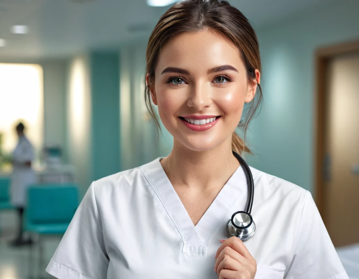 a beautiful young nurse, detailed eyes, detailed lips, extremely detailed face, longeyelashes, cute smile, caring expression, white medical uniform, holding a stethoscope, hospital interior, clean and bright, warm lighting, (best quality,4k,8k,highres,masterpiece:1.2),ultra-detailed,(realistic,photorealistic,photo-realistic:1.37),digital painting, cinematic lighting, vibrant colors