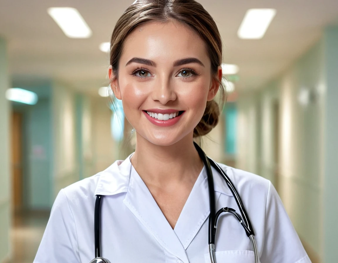 a beautiful young nurse, detailed eyes, detailed lips, extremely detailed face, longeyelashes, cute smile, caring expression, white medical uniform, holding a stethoscope, hospital interior, clean and bright, warm lighting, (best quality,4k,8k,highres,masterpiece:1.2),ultra-detailed,(realistic,photorealistic,photo-realistic:1.37),digital painting, cinematic lighting, vibrant colors