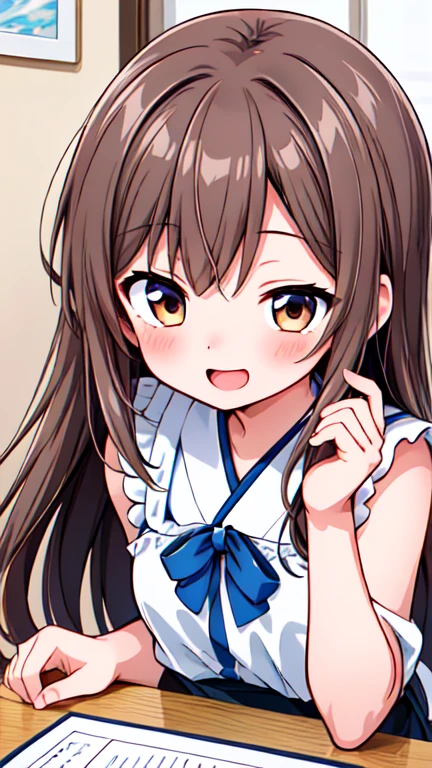 Let's think step by step,Highest quality, masterpiece, Ultra-high resolution, 8k,Show anime style ,Soft Line Art, Digital Enhancement, shojo anime touch, shojo manga core, Flowing fabric, close, Soft Drawing, Ultra-Definition Digital Anime Art, Clear facial depiction, Super detailed girl cartoon character art, Ultra-detailed manga style, Highest qualityの色,(((Upper body close-up))), (Tabletop,Highest quality:1.4),(8k,RAW Photos,Like the picture:1.2), Detailed skin,Detailed face,Woman with short brown hair,clear brown eyes, Anatomically perfect hands,A little chubby,Small breasts,Small butt,Japanese Idols,Cute Face,Eyes closed,Mouth open showing upper teeth,Laughing happily
