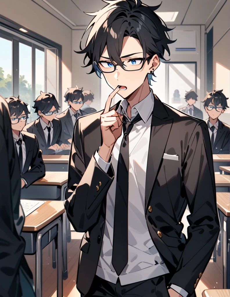 teenage boy, long black hair, blue eyes wearing glasses, wears a white collared shirt with a black tie and a black jacket over it, with silver earrings, standing alone in the middle of the classroom with his hands on pocket and with the mouth open talking

