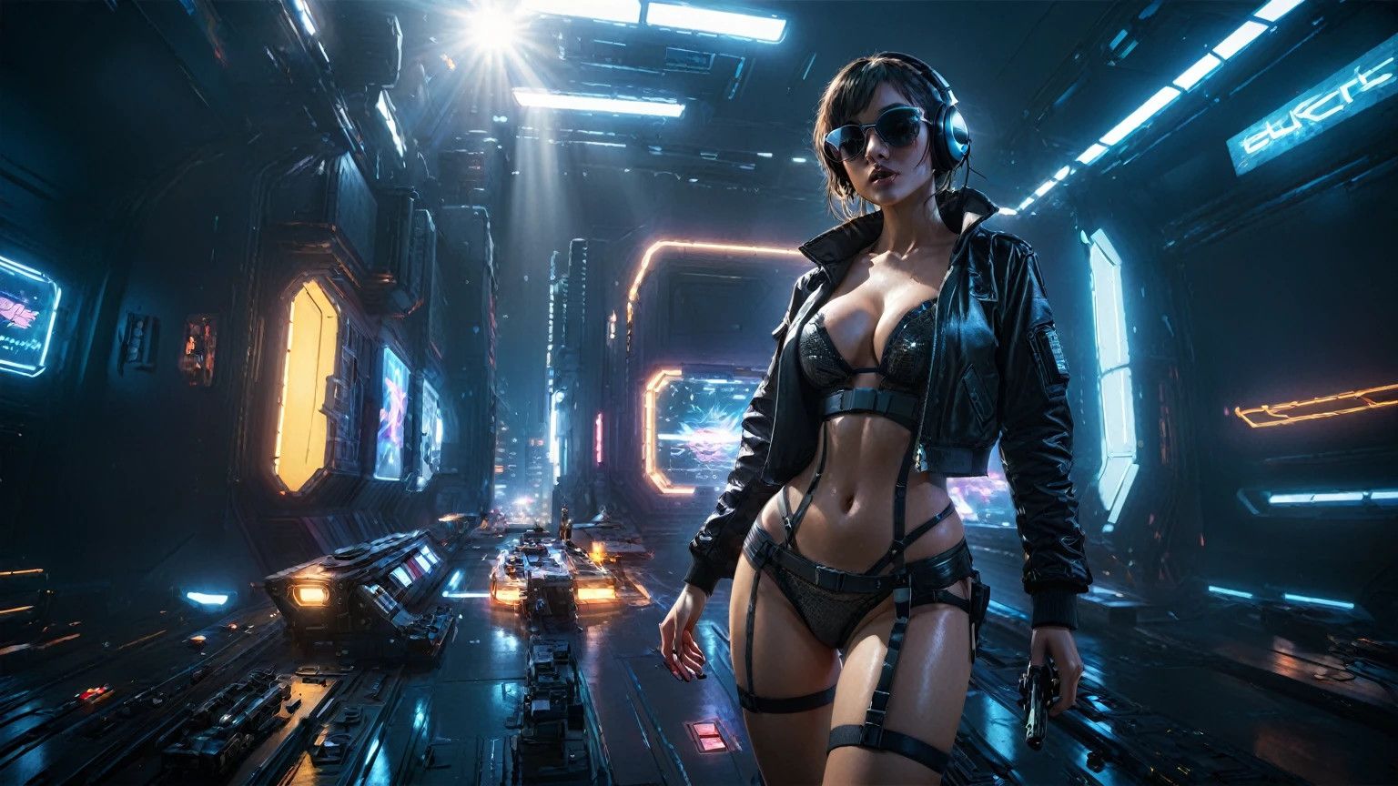 (((aerial view))), Blade Runner style futuristic cyberpunk 2077 flying vehicle docking platform, neon lights, at night. ((1girl, solo, alone)), large-breast:1.2 slim body, cleavage:1.1, sexy lingerie with wet jacket, headphone, (black sunglasses), (((she raised a pistol:1.8 and shot:1.8 the viewer))), dynamic pose, (((half-body thigh level medium shot))), cinematic lighting, lens flare, ray tracing, fisheye lens.