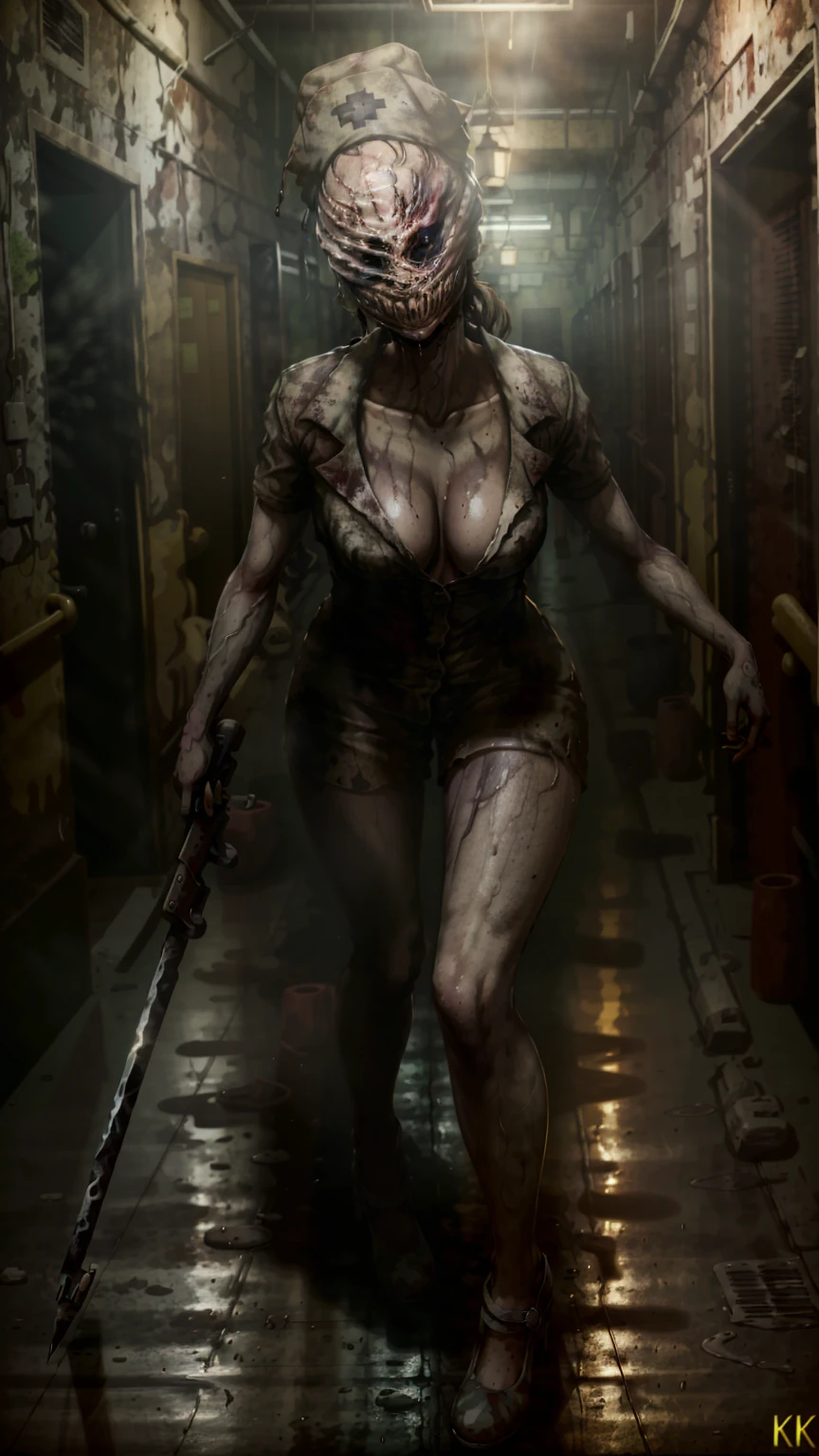 Dark (masterpiece, Best Quality) SilentHill SilentHillEnfermera, 1 girl, alone, looking at the viewer, has, tenure, neckline, standing, weapon, faceless female, tenure weapon, hallwayBlood, Leaning forward, in front of the viewer, 1otro, faceless, nurse hat, Stitches, No eyes, horror \(him\), (hospital hallway:1.3), (darkness:1.4), floor, walls, silent hill dark background, Dark damp hallways broken and moldy walls silent hill:1.2),(realist, Hyper realistic: 1.37), (8k, RAW Photos, Premium quality, masterpiece: 1.2), (cinematic lighting), dark 3d