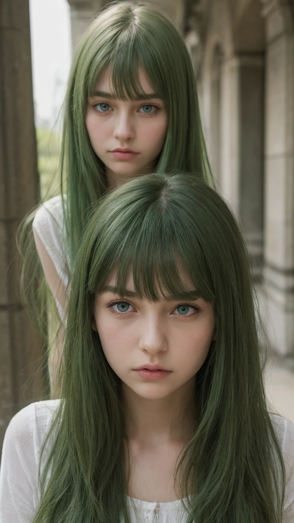 a girl. Europe. Extremely detailed face. Oval face. delicate facial features. half-closed eyes. long straight hair. messy hair. bangs. green hair. green eyes. angry. shy. straight face