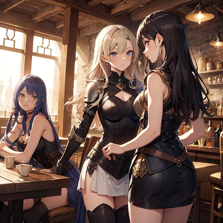 A group of  female medieval fantasy adventurers, (in tavern), various hair styles, harem, night, details face, short skirt, seducing, sleeveless, armor 