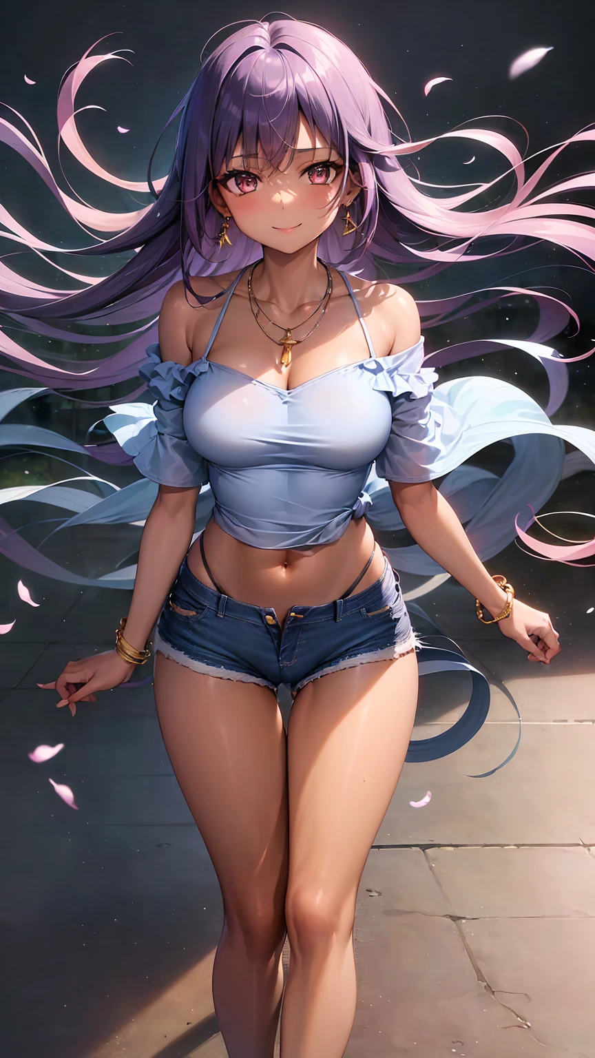 1girl, anime girl, anime, (dark skin), stylish girl, bracelet, necklace, earrings, 2d girl, 18y, (fullbody), standing, anime girl, seductive smile, (purple hair), flowing hair, hair flowing in the wind, ((darkblue blouse)), Solo, Slim, Big Breasts, Tight Shorts, low waist shorts, upshorts, outdoors, night background, flowers, looking at viewer, darker shadows, (((Wedgie))), (((explicit))), (((denim shorts))), (((absurdres))), (((thigh gap))), (((cameltoe))), (((cleft of venus))), (((lowleg shorts))),