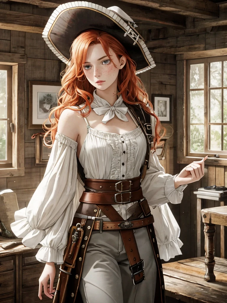 1girl in, age19, Solo, Aesthetic artwork, irish redhead, wavy ginger hair, shoulder length ginger hair, gray eyes, light grey eyes, some small freckles, pale skin, A-cup, small breasts, runners body, detailed skin texture, in a candle light room, wood walls, wooden boards, (extremely detailed 8k wallpaper), soft lighting, high quality, film grain, Fujifilm XT3 sharp focus, f 5.6, 50mm, High Detail, Sharp focus,(natural light), white linen shirt, steampunk, steampunk costume, pirate costume, pirate queen, leather pants, pirate hat, crazy details, complex details, hyper detailed