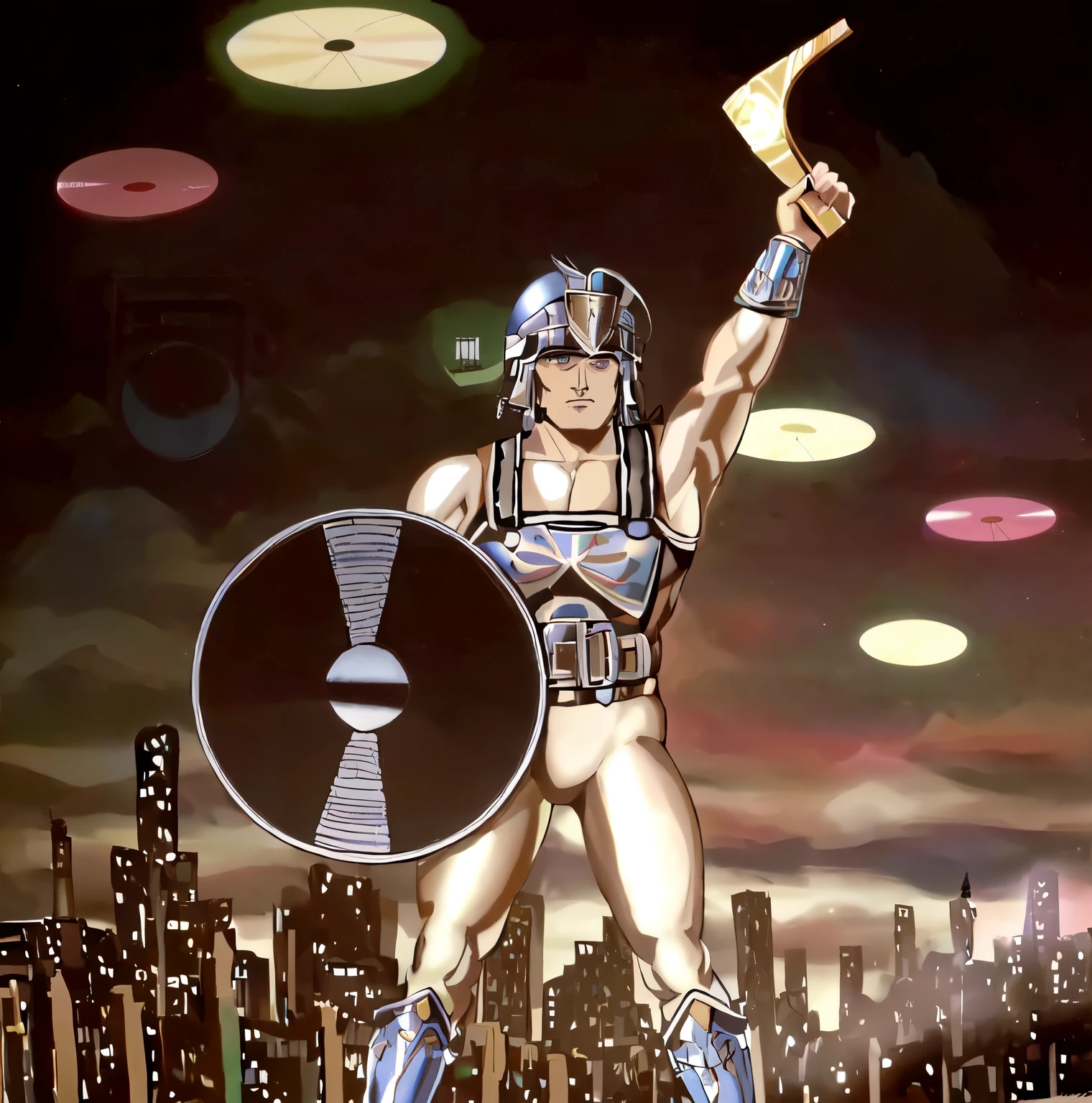there is a man dressed as an ancient roman soldier, Roman helmet, roman armor, raising one arm and holding a boomerang, holding a shield shaped like a vinyl record. muscled body, proportionate body, perfect. retro drawing, 80s airbrush style, 80s poster. in the sky there are brightly colored vinyl records.