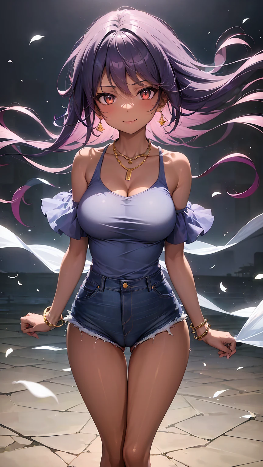 1girl, anime girl, anime, (dark skin), stylish girl, bracelet, necklace, earrings, 2d girl, 18y, (fullbody), standing, anime girl, seductive smile, (purple hair), flowing hair, hair flowing in the wind, ((darkblue blouse)), Solo, Slim, Big Breasts, Tight Shorts, low waist shorts, upshorts, outdoors, night background, flowers, looking at viewer, darker shadows, (((Wedgie))), (((explicit))), (((denim shorts))), (((absurdres))), (((thigh gap))), (((cameltoe))), (((cleft of venus))), (((lowleg shorts))),