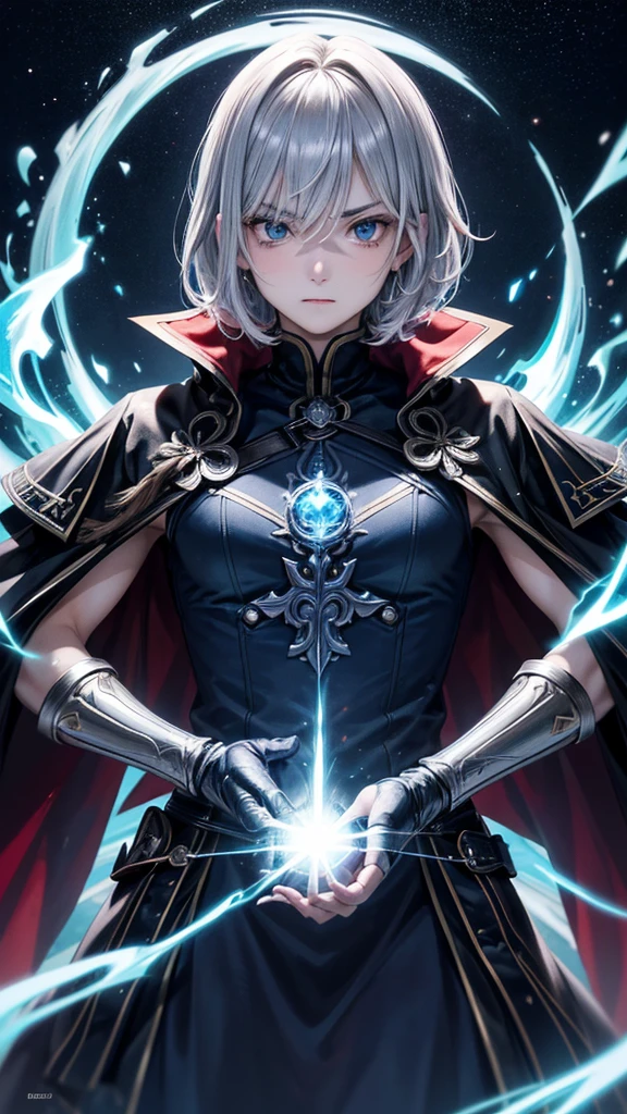 (Highest quality,Very detailed,High resolution:1.2),One adult male,Silver Hair,The most beautiful young man in human history,(1 photo from the front),Dark blue eyes (Dark blue eyes:1.1),さみし気なaura(aura:1.1),(mysterious,Ghostly:1.1) atmosphere,Looks like half a demon,(Demonic traits,Demonic traits),(Elaborate,wonderful) ,Strong Body、Shortcuts、Use magic、auraが漂う、Cape、Stocky physique、Confident expression、Very short hair、The bangs are swept to the side、Permed hair、Sharp eyes、Details、Angry expression、Has a glowing blue fireball、Emits a flash of light from the body、Are standing、Warrior