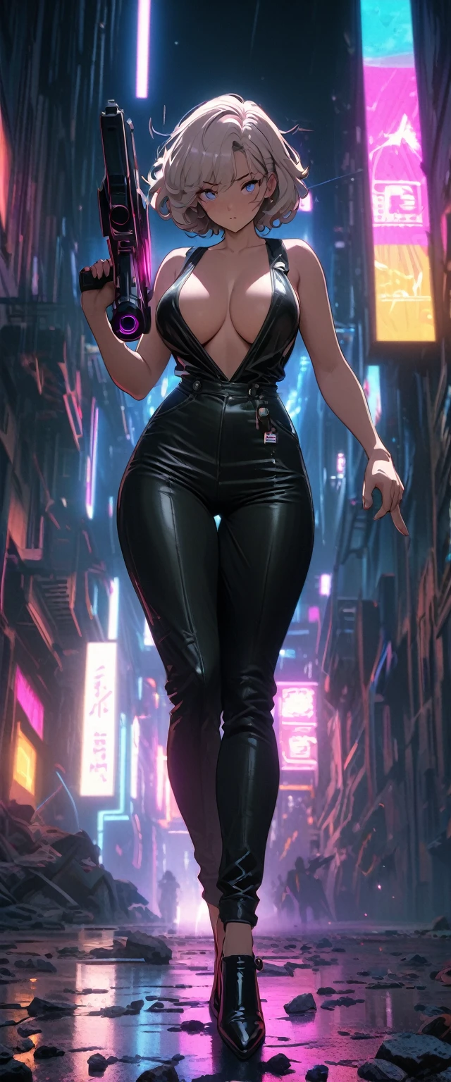 cyberpunk style,Mature and charming 30 year old womanleather overalls cover her entire body,full breasts,Leather shoes with high heels,Pointing a laser gun at me,open fire,(There are many small pieces of gravel floating in the air around me.:1.5),comely,brilliant special effects,celluloid style,Flat coating,High definition,art cg,comics,8k,looking at the camera,high qualiy,illustration,vaporwave style,rim-light,film lighting,super verbose,Complex,oc renderer,cinematic perspective,high resolution