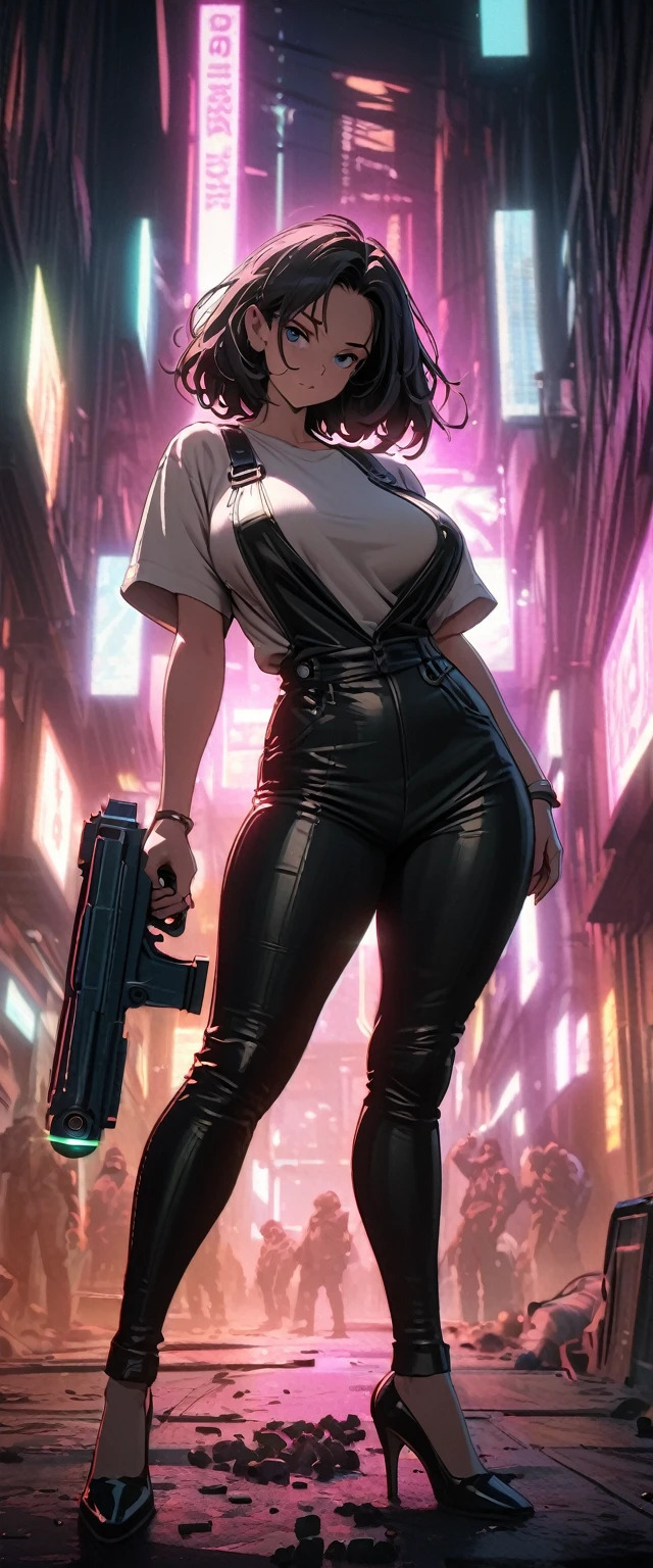 cyberpunk style,Mature and charming 30 year old womanleather overalls cover her entire body,full breasts,Leather shoes with high heels,Pointing a laser gun at me,open fire,(There are many small pieces of gravel floating in the air around me.:1.5),comely,brilliant special effects,celluloid style,Flat coating,High definition,art cg,comics,8k,looking at the camera,high qualiy,illustration,vaporwave style,rim-light,film lighting,super verbose,Complex,oc renderer,cinematic perspective,high resolution