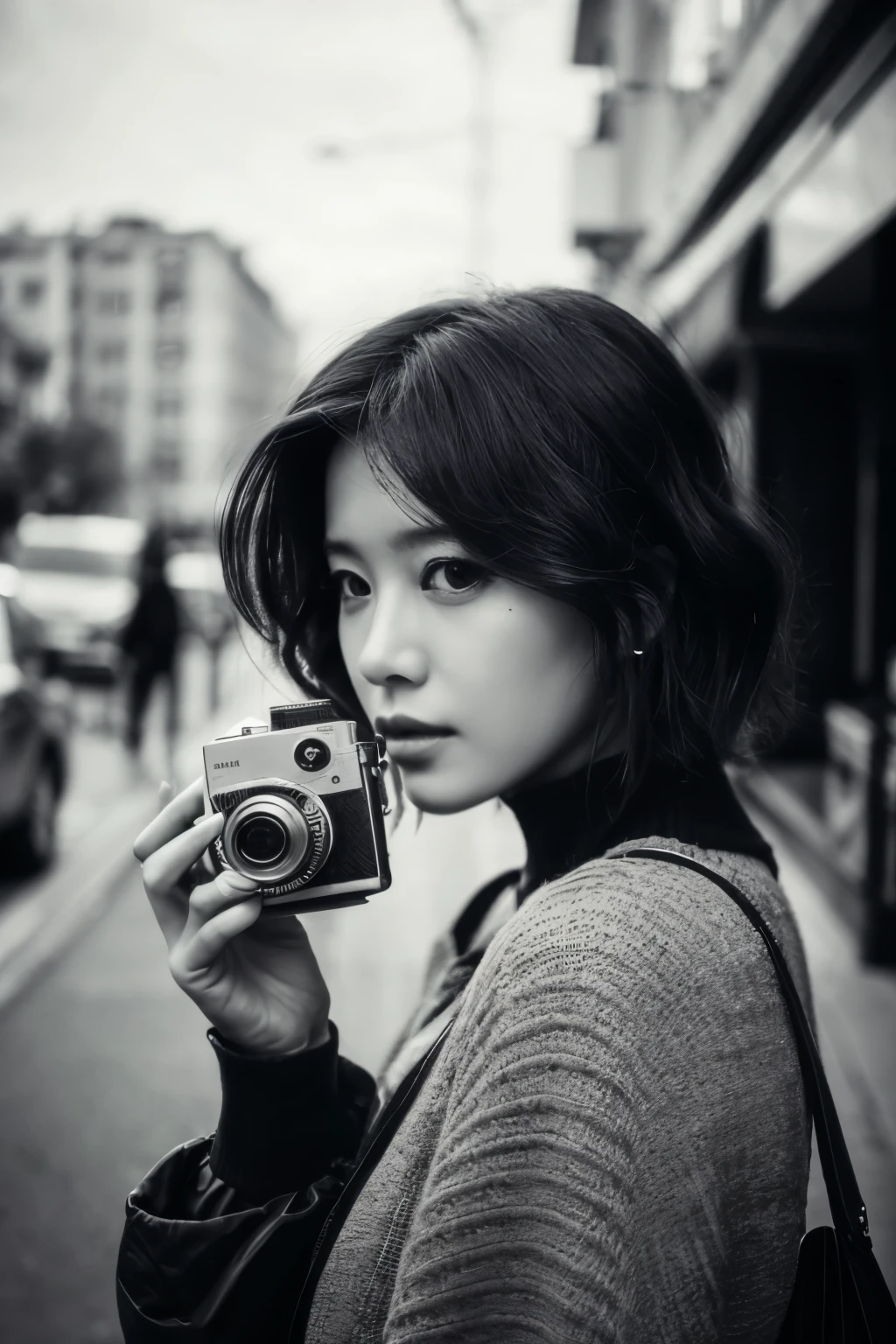 (best quality, quality, 8K, masterpiece) A black and white photo of a vintage-inspired ulzzang woman with short, wavy hair and bold eyeliner. She holds a classic film camera to her eye, ready to capture a moment. Street scene in the background with blurred motion, highly detailed, detailed skin, dramatic black and white lighting