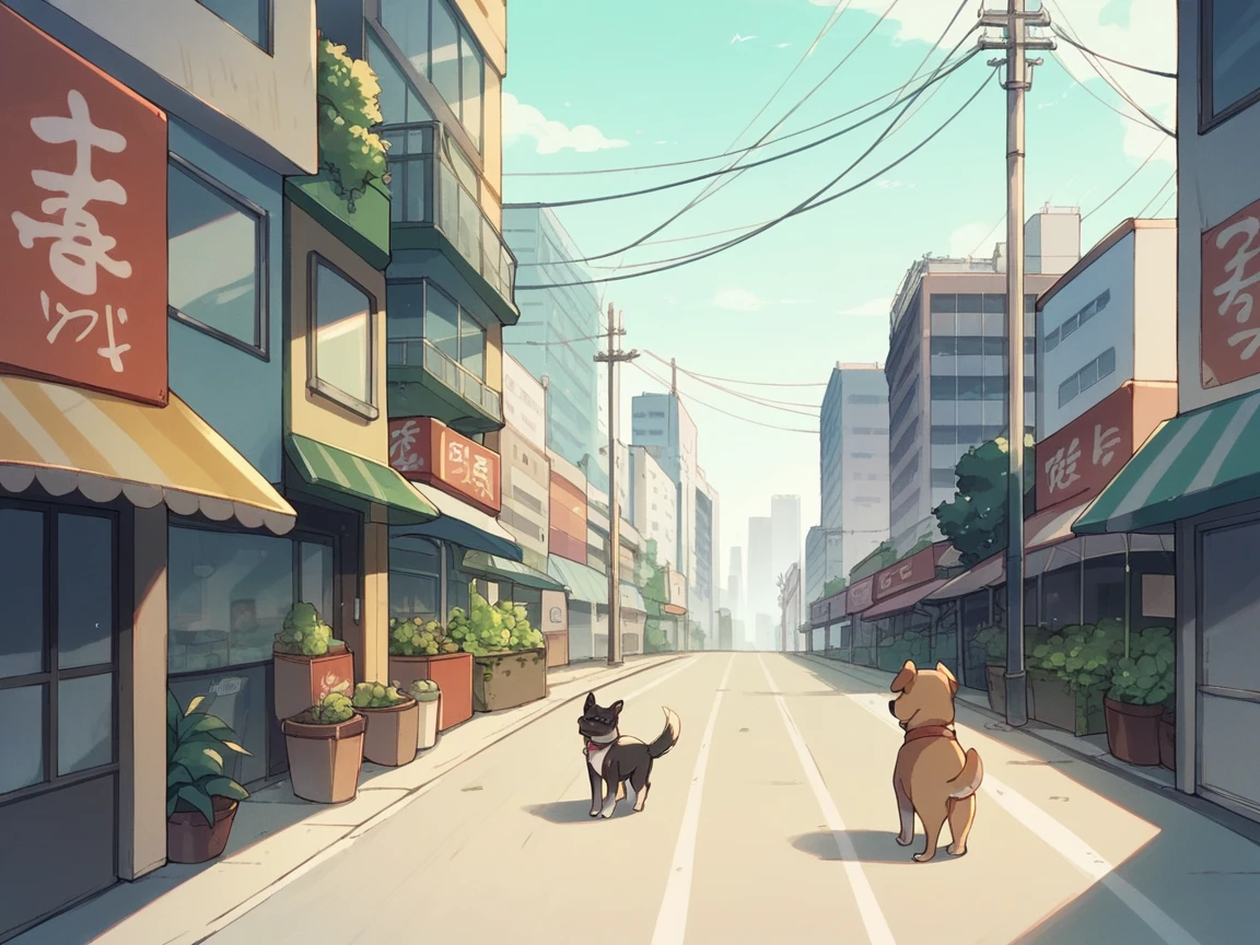 tokyo city, downtown, a dog standing in the middle of the rode, looking at viwer