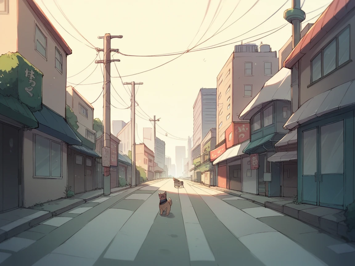 tokyo city, downtown, a dog standing in the middle of the rode, looking at viwer